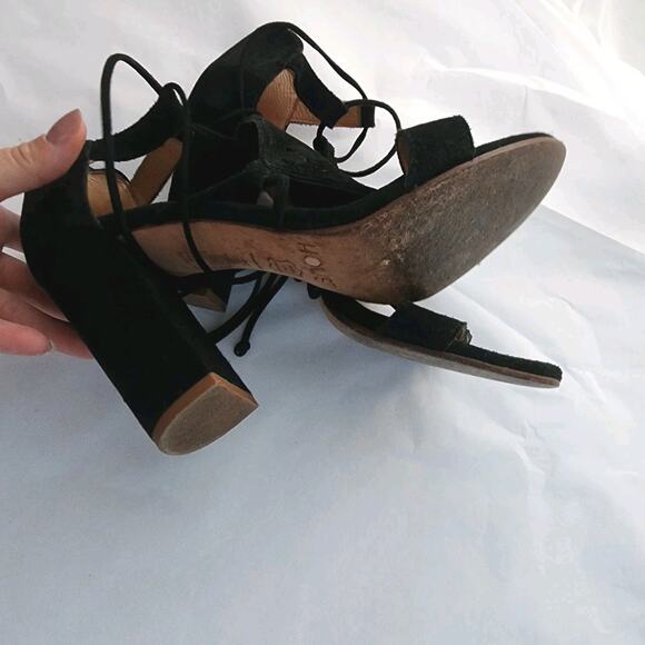 Anthropologie Howsty Mimosa Lasercut Suede Heels39 Black All Leather Wrap Ankle - Picture 6 of 10